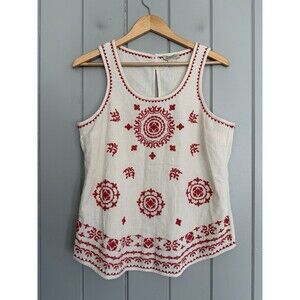 Lucky Brand Live In Love Embroidered Tank Top L Large Orange Beige Boho